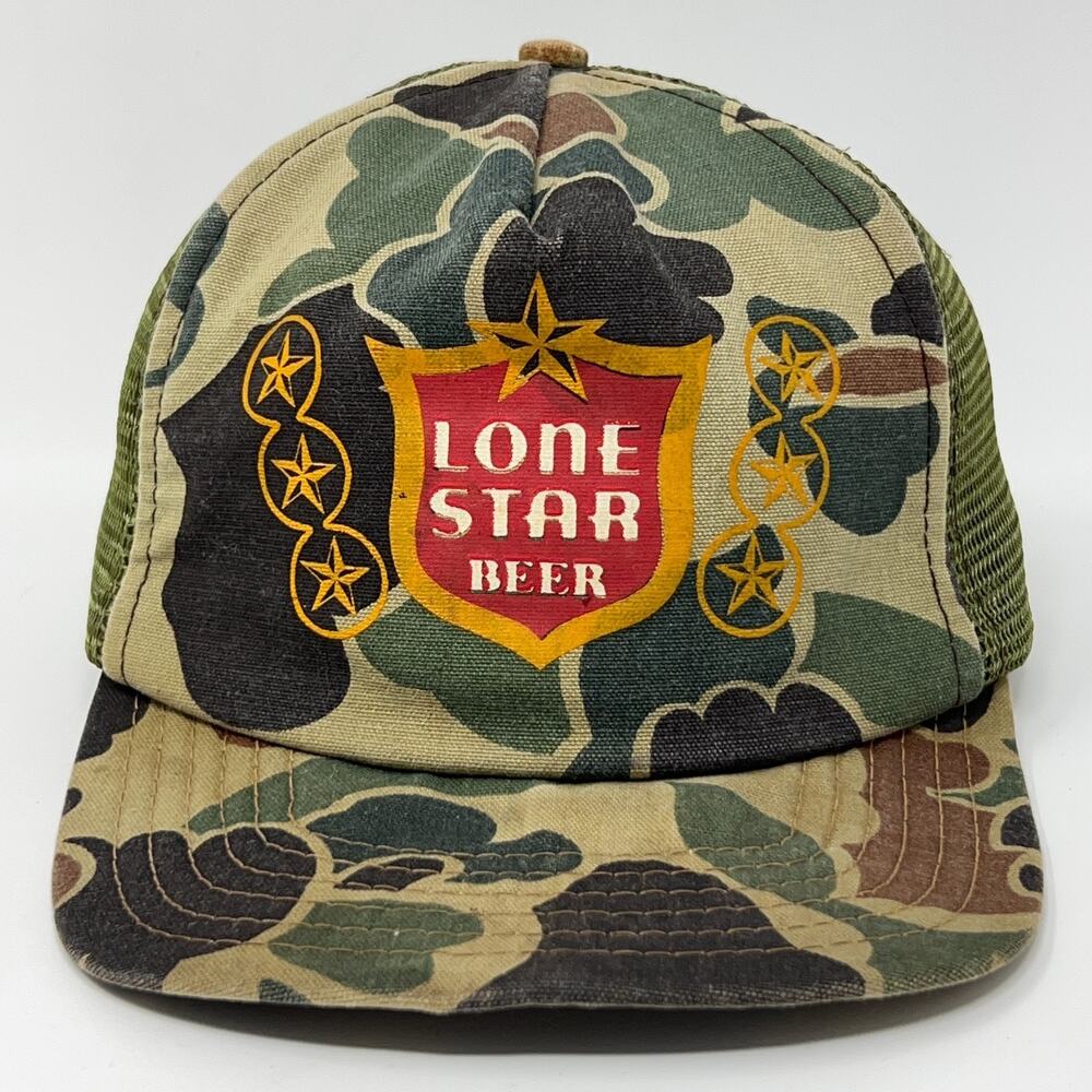 Vintage 80s Lone Star Beer Trucker Hat Baseball Cap Camouflage Snapback Green